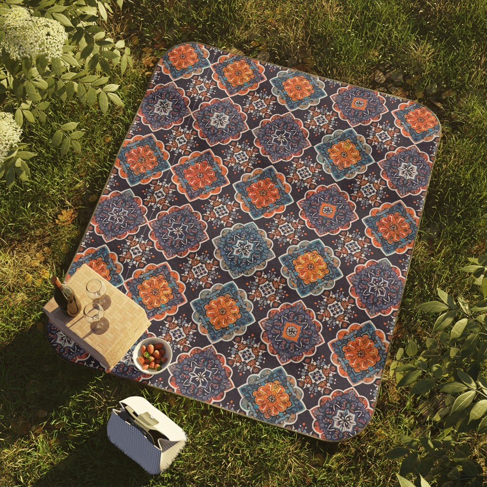 Boho Ethnic Tile Pattern 61" x 51" Polyester Fleece Picnic Blanket + Strap