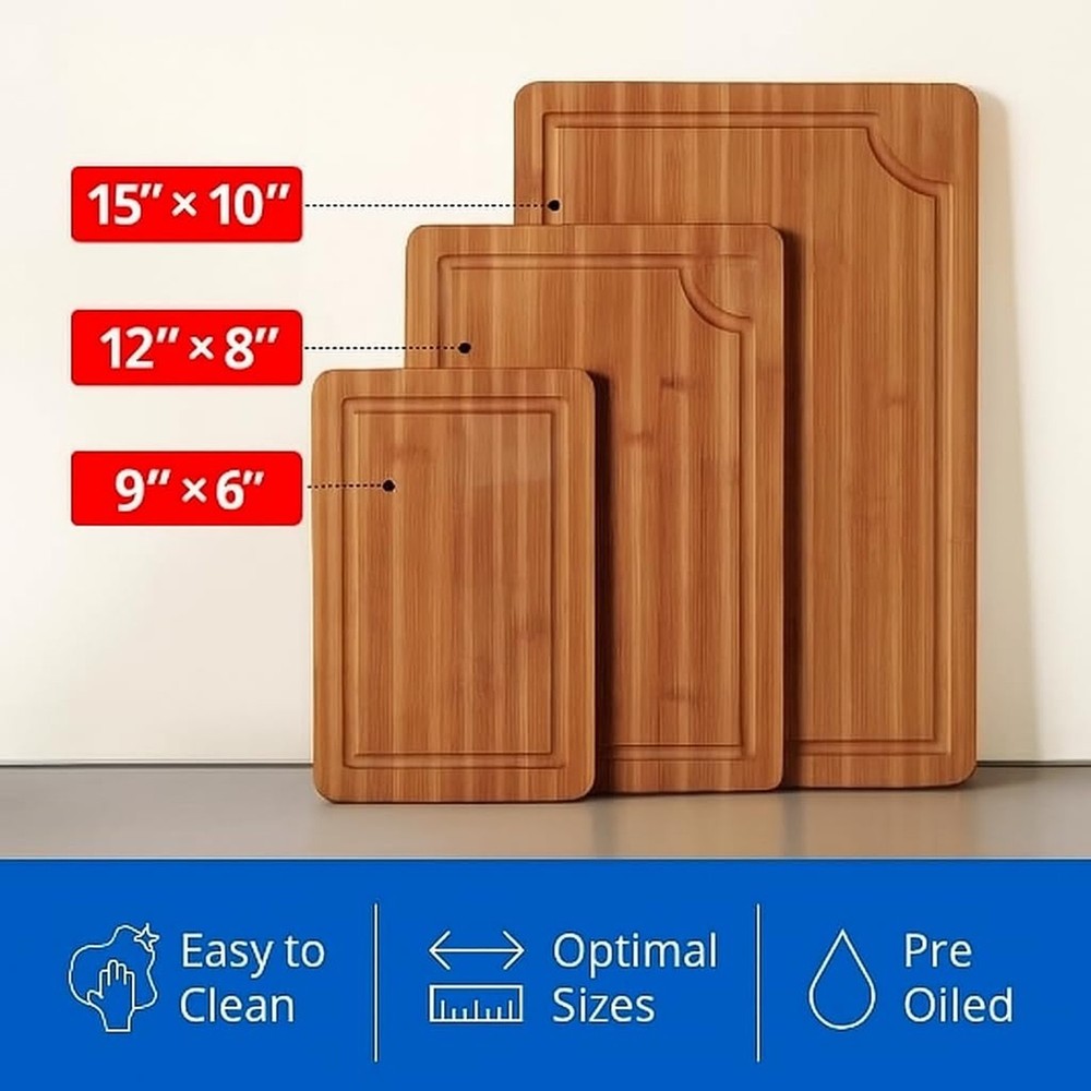 Bamboo Cutting Board Set (3-Pc) – Eco-Friendly Small/Medium/Large Chopping