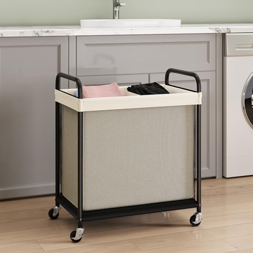 Laundry Hamper 2 Section, 100L Rolling Laundry Sorter with 2-Section Beige