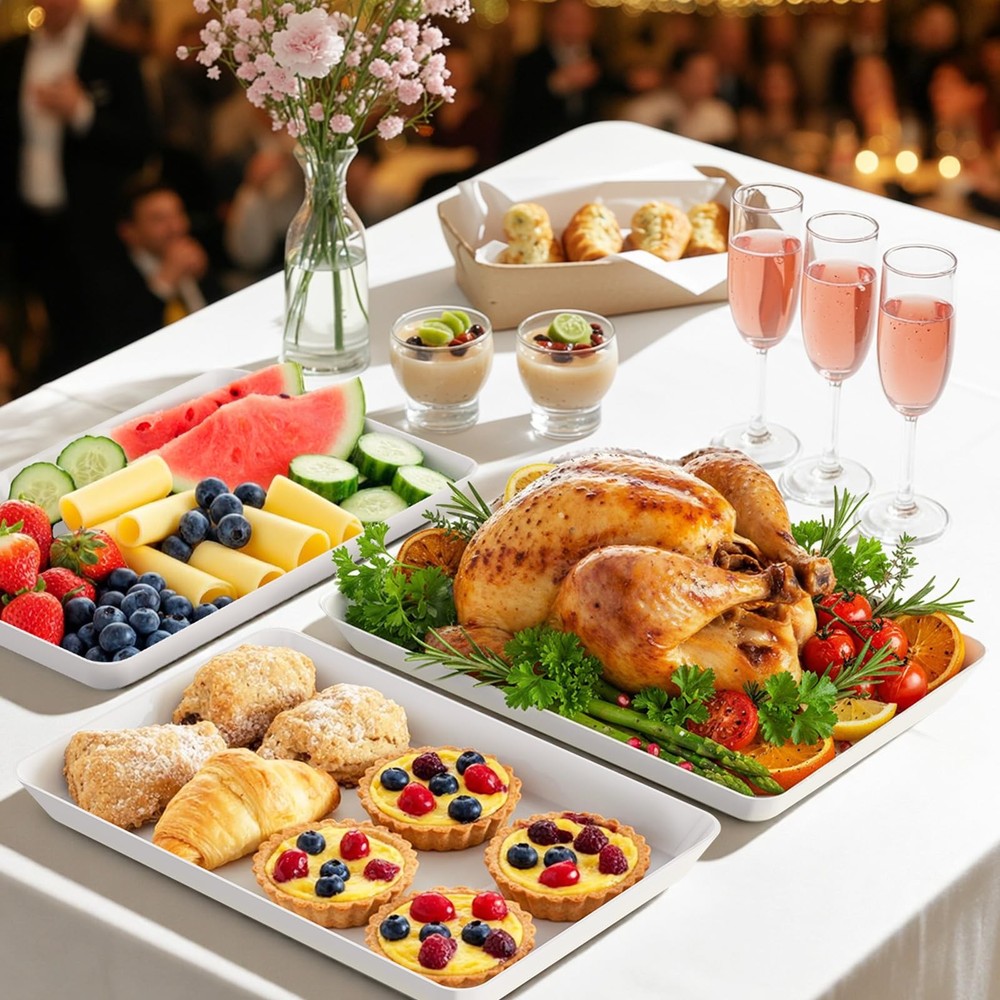 4 PCS Serving Tray Serving Platter Rectangular Plastic Food Display White Stack