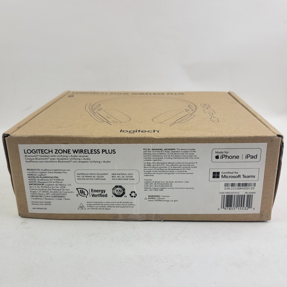 Logitech Zone Wireless Plus Headset Model A00082 Brand New Open Box
