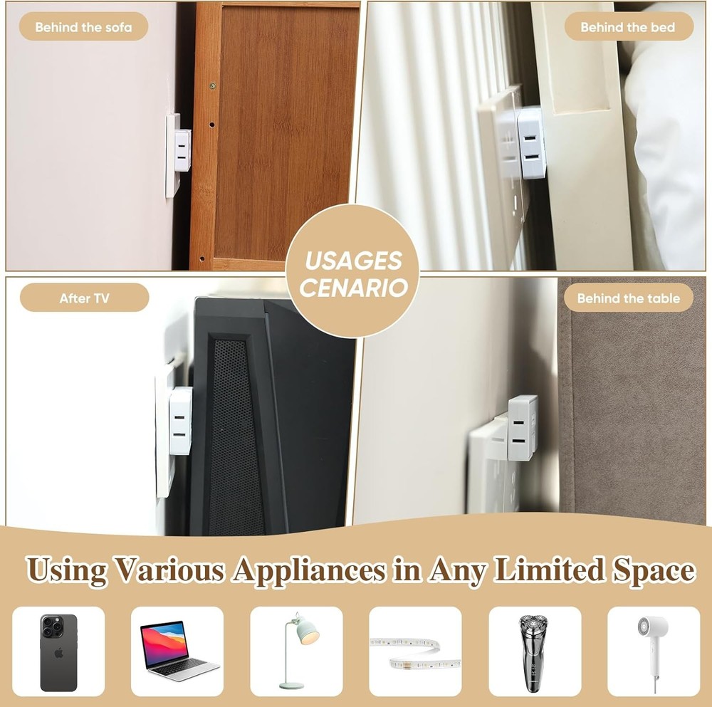 3 Way Flat Wall Outlet Extender Adapter- 4 Pack 180 Degrees Rotatable Flat Plug