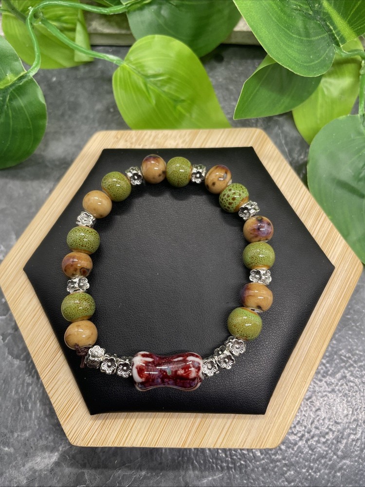 Handmade Ceramic Bead Beaded Stackable 6.25” Plus Stretch Bracelet New B226