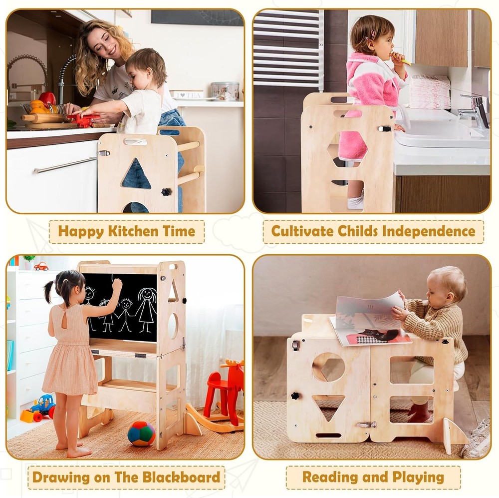 4-in-1 Toddler Kitchen Step Stool, Foldable Learning Standing Tower，Kitchen