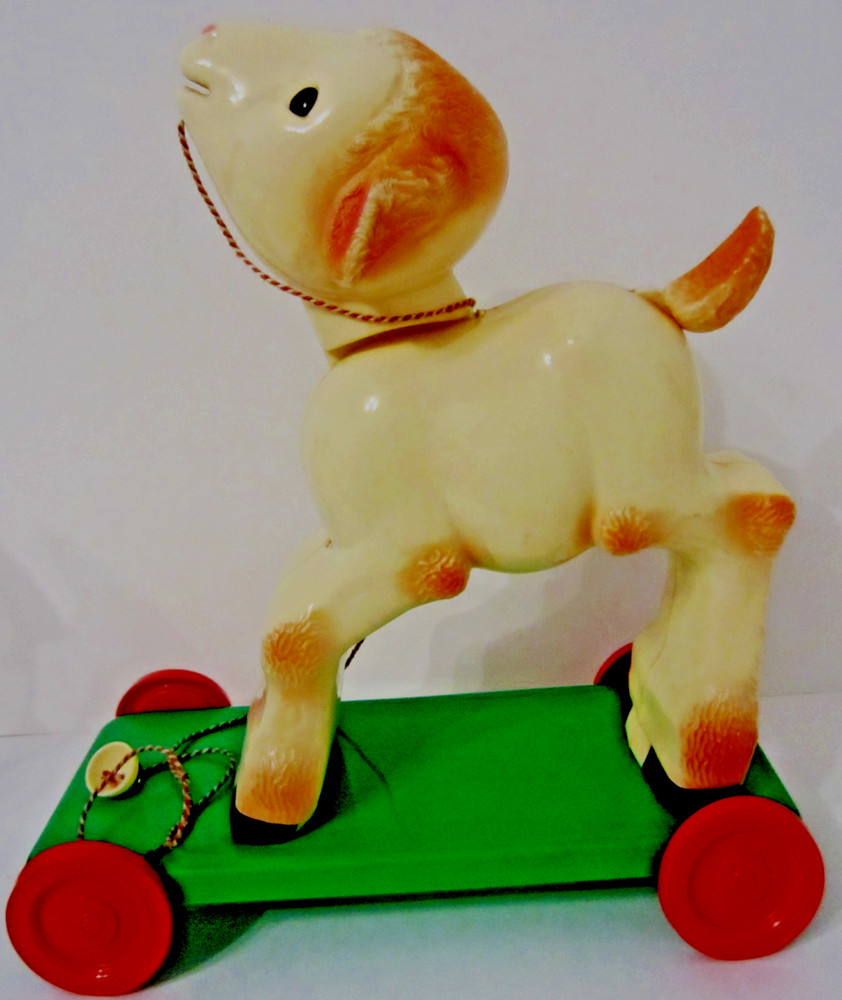 Vintage 1950s Knickerbocker Pull Toy Lamb-All Original, Head Bobs Up/Down Nice