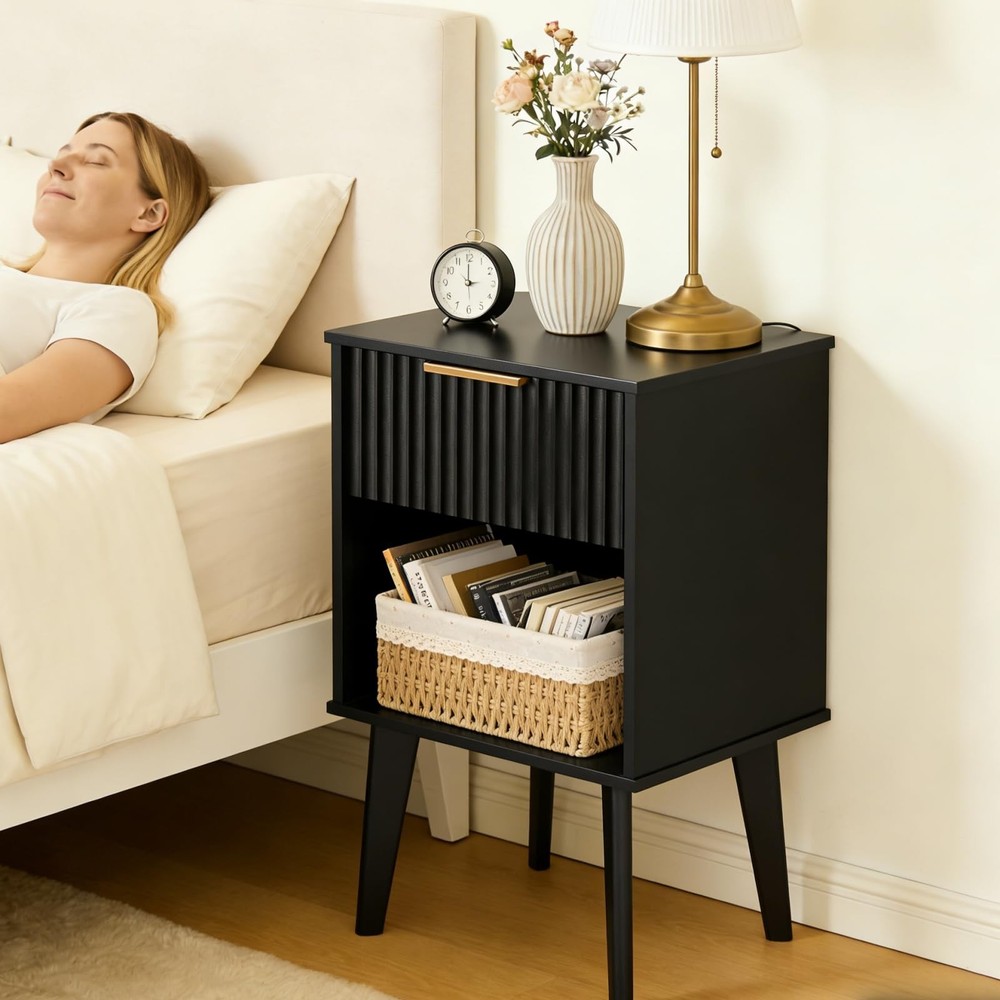 End Table, Fluted Night Stand, Modern Side Table, Small Bedside Table with 1 ...