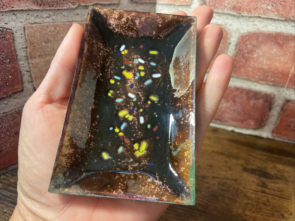 Vintage MCM Abstract Geometric Enamel Over Copper Rectangular Tray Trinket Dish