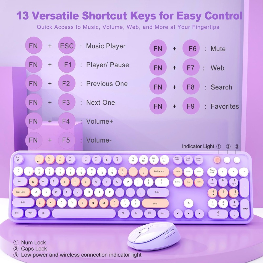 Wireless Keyboard and Mouse Combo, Retro Typewriter Keyboard with Round Keyca...