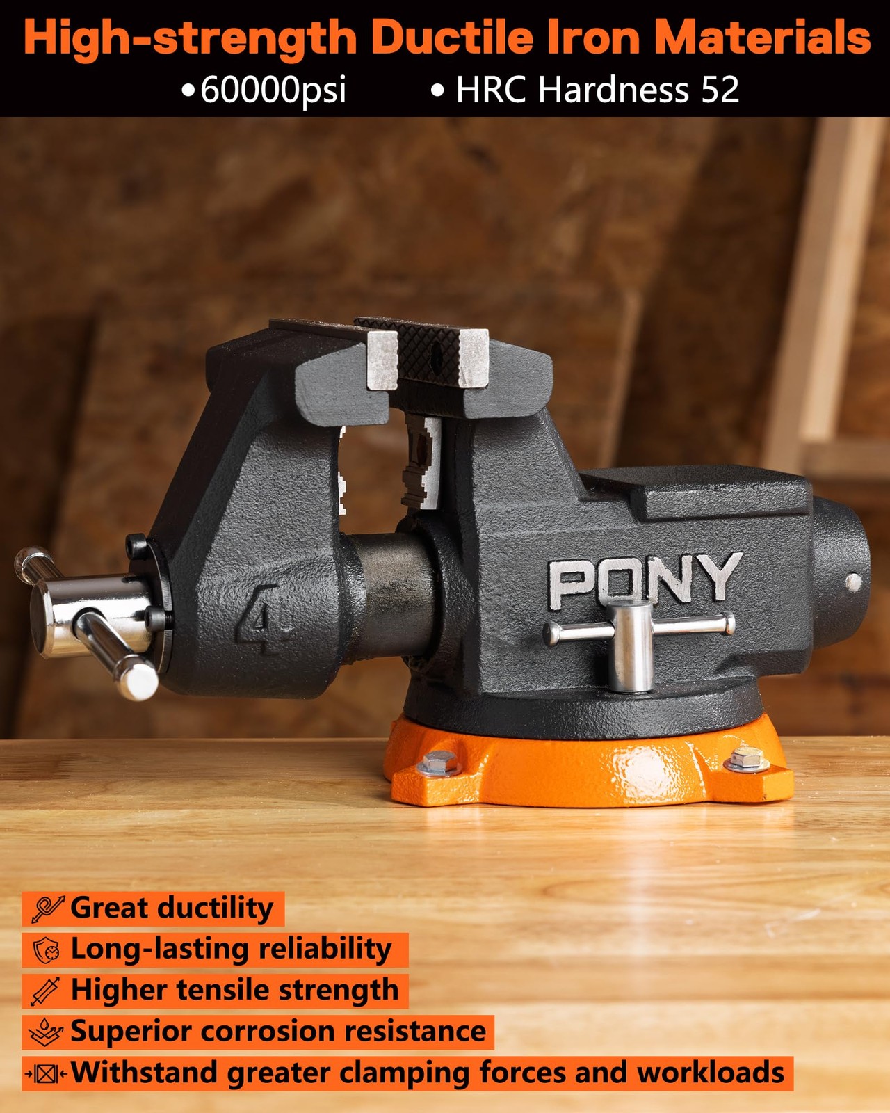 PONY 4" Heavy Duty Bench Vise 4400LBS Clamp Force 360° Rotatable Workbench Vises
