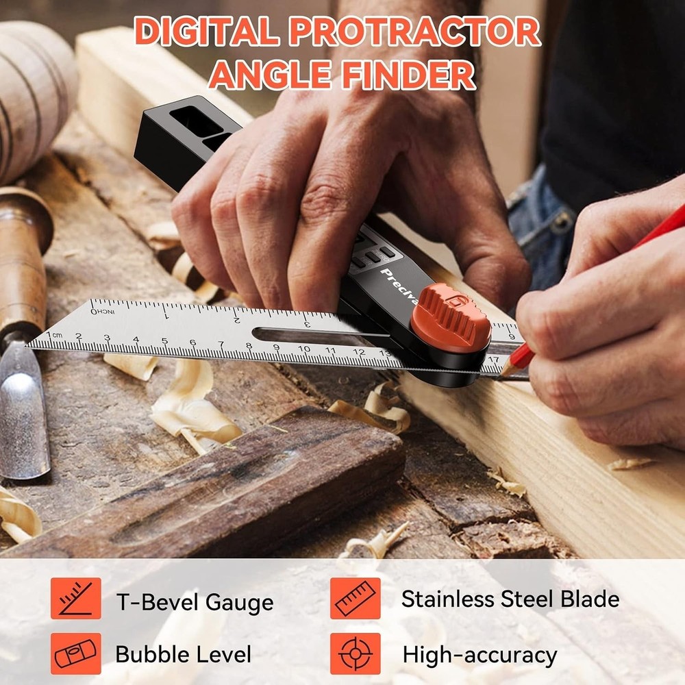 Versatile Digital Angle Finder with LCD & Bubbles, 8 Inch Precision Protractor