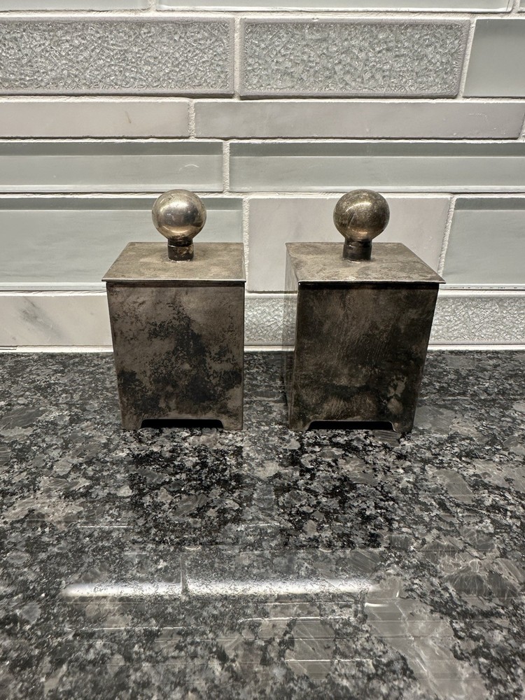 VTG Pair Of Webster Wilcox Oneida Silverplated Lidded Geometric Vessels