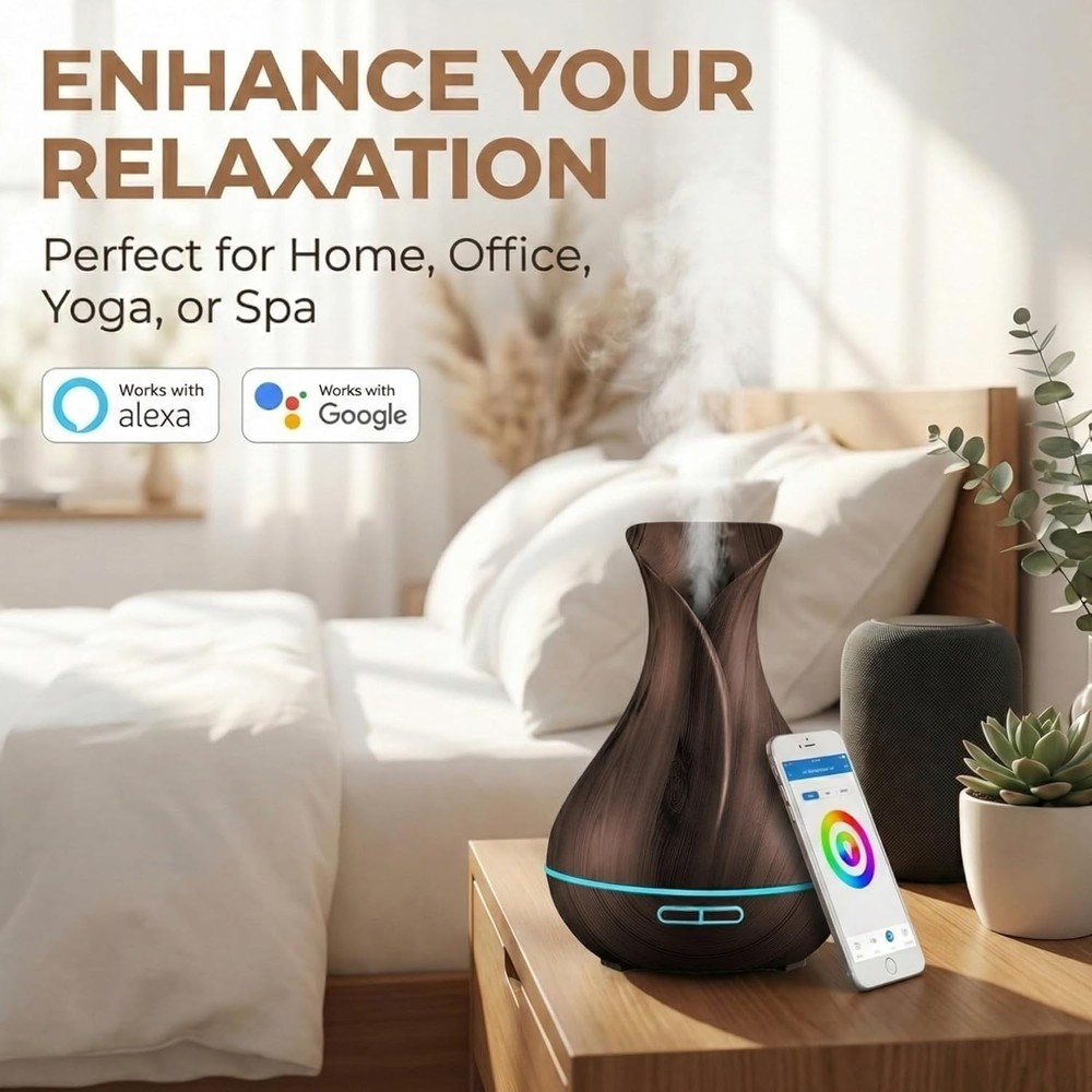 400ml Ultrasonic Smart Diffuser with App & Voice Control - Dark Brown Design