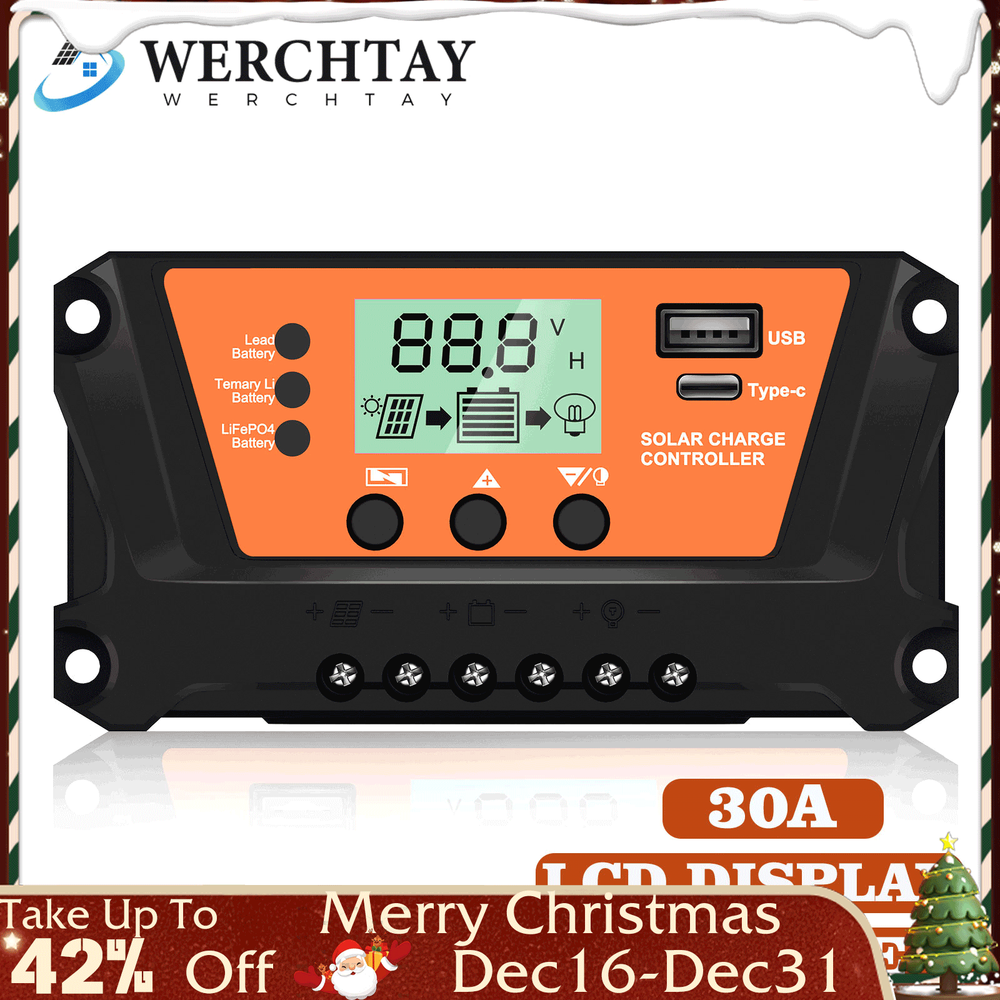 30 Solar Panel Battery Charge Controller 12V/24V Auto Regulator LCD USB Type-C