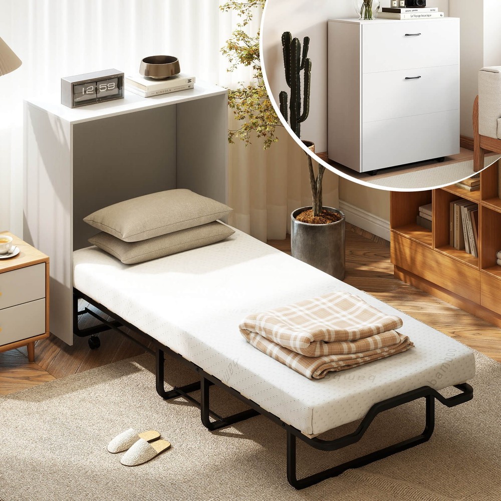 Murphy Bed Cabinet w/Mattress & Lockable Wheels, Folding Bed for Small Space