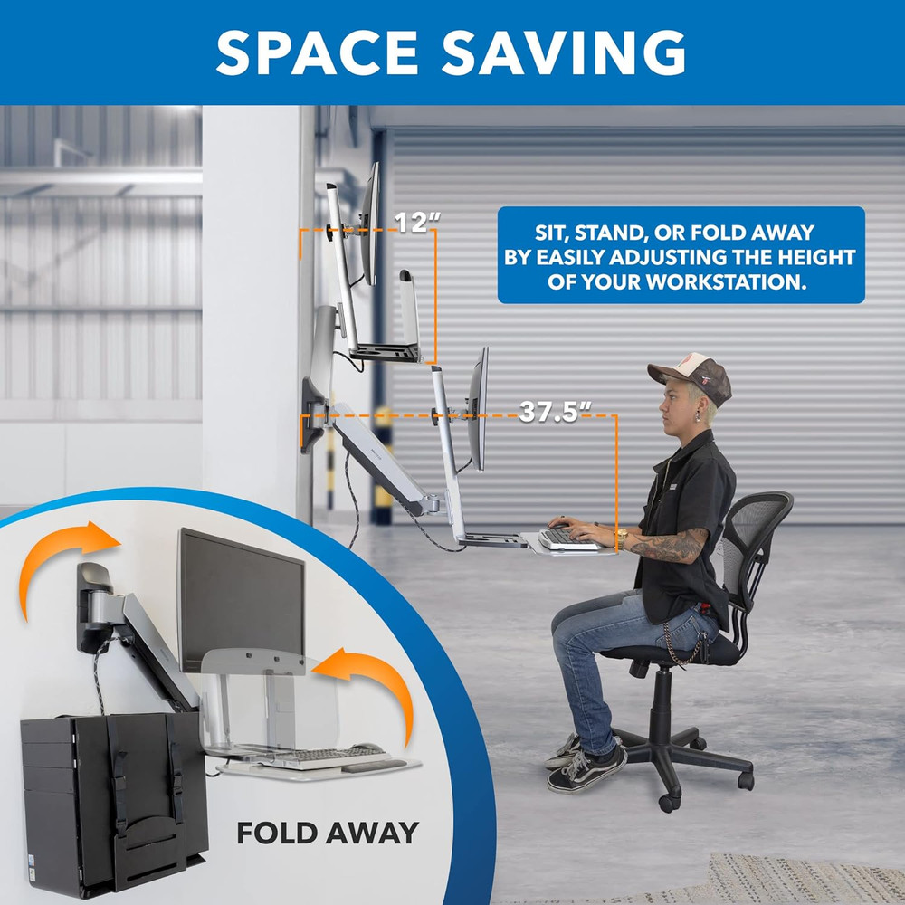 Sit Stand Wall Mount Workstation | Adjustable Height Stand up Computer Station w