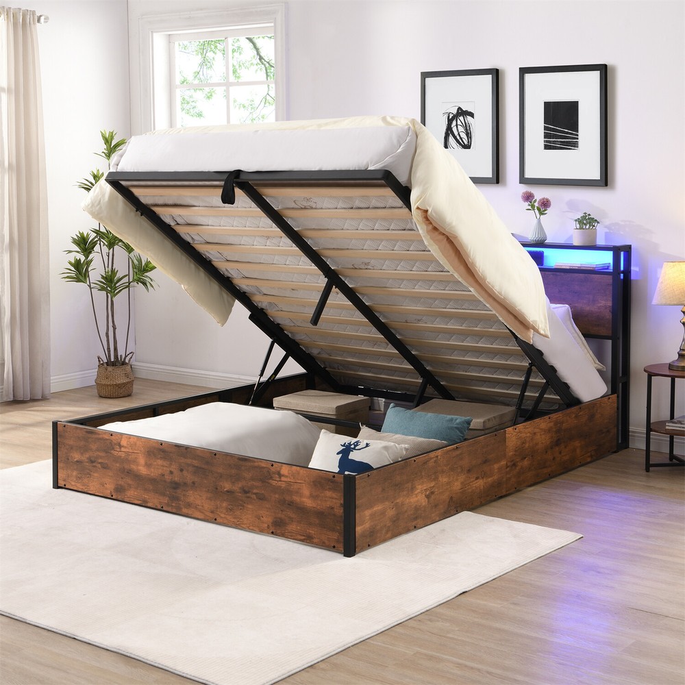 Full/Queen Size Bed Frame Wood Platform Bed Frame w/ Storage & LED Lights