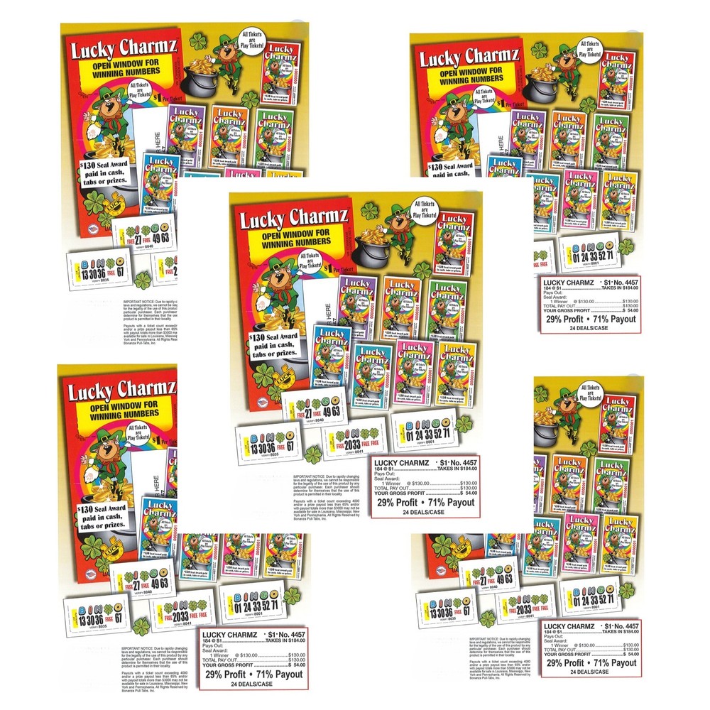 Pull Tab Ticket - Hard Card - Game - 5 Pack - Lucky Charmz - 184 ct ea