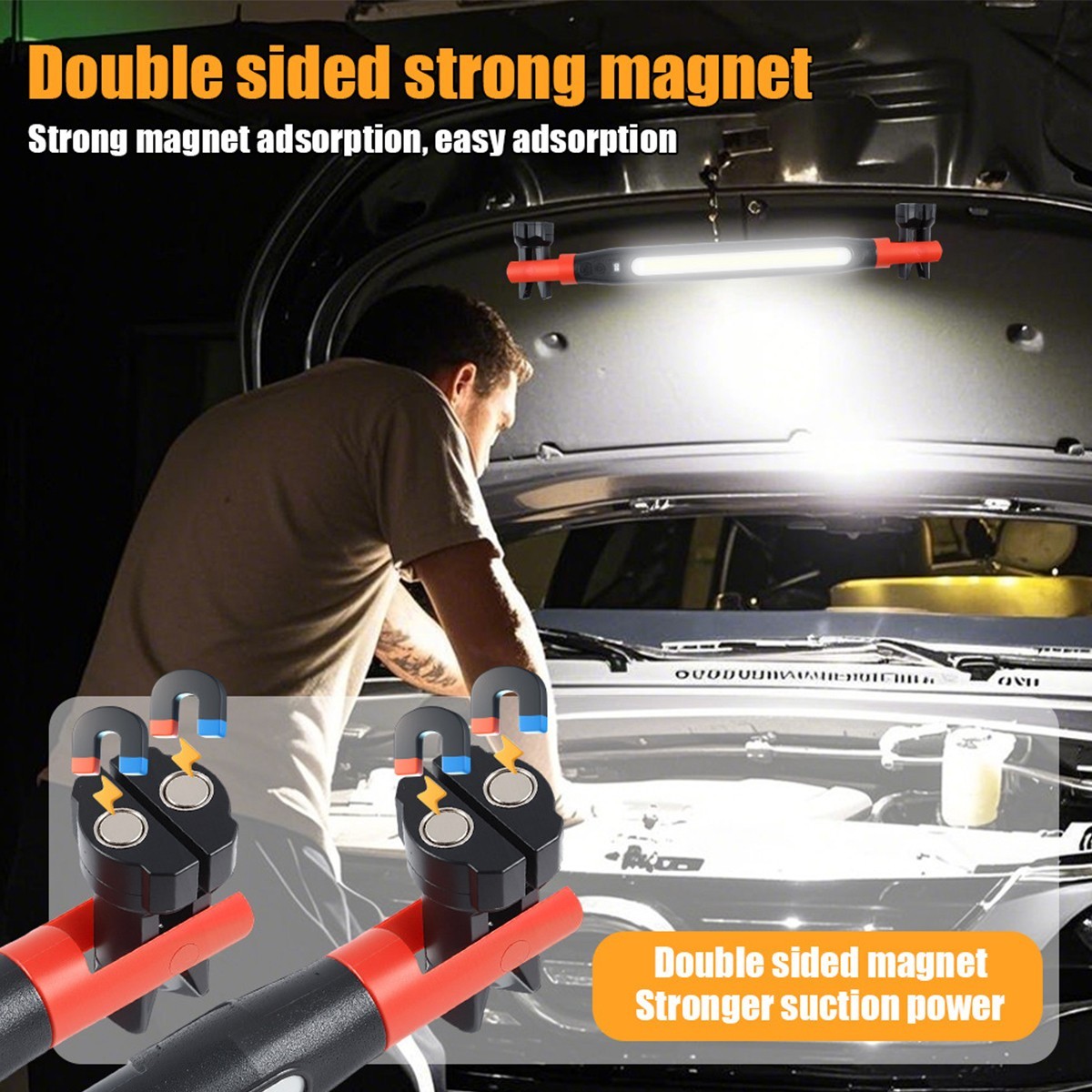 Under Hood Work Light Bar LED Magnetic Light with Hooks Cordless Rechargeable
