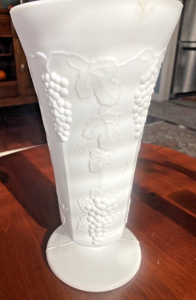 Faux Milk Glass 10" Grape Pattern Vase