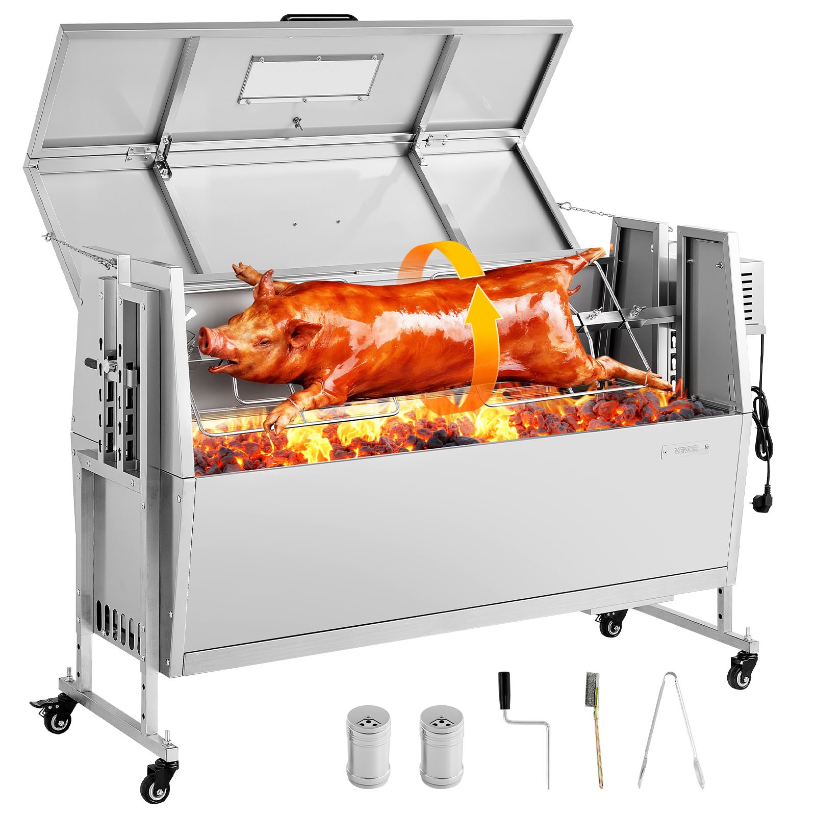 57" Rotisserie BBQ Grill BBQ Outdoor Pig & Lamb Spit Roaster w/ Wheels 38W