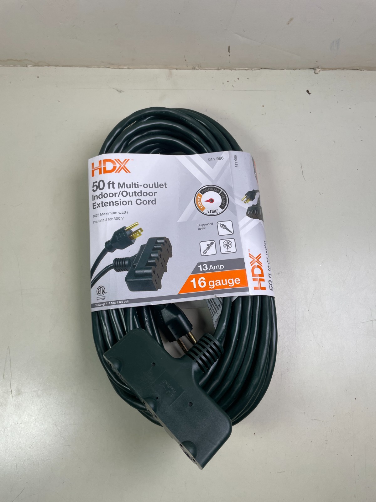 HDX 50 ft. 16/3 Indoor/Outdoor Extension Cord Triple Tap End, 3-Outlet Green