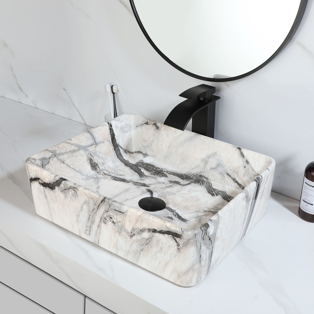 White&Black Bathroom Sink Set Rectangle Ceramic Vanity Basin Drain Waterfall Tap