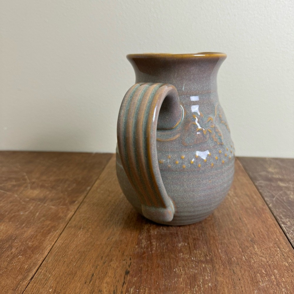 Vintage Handmade Purple Gray Glazed Grape Embossed Ceramic Pitcher