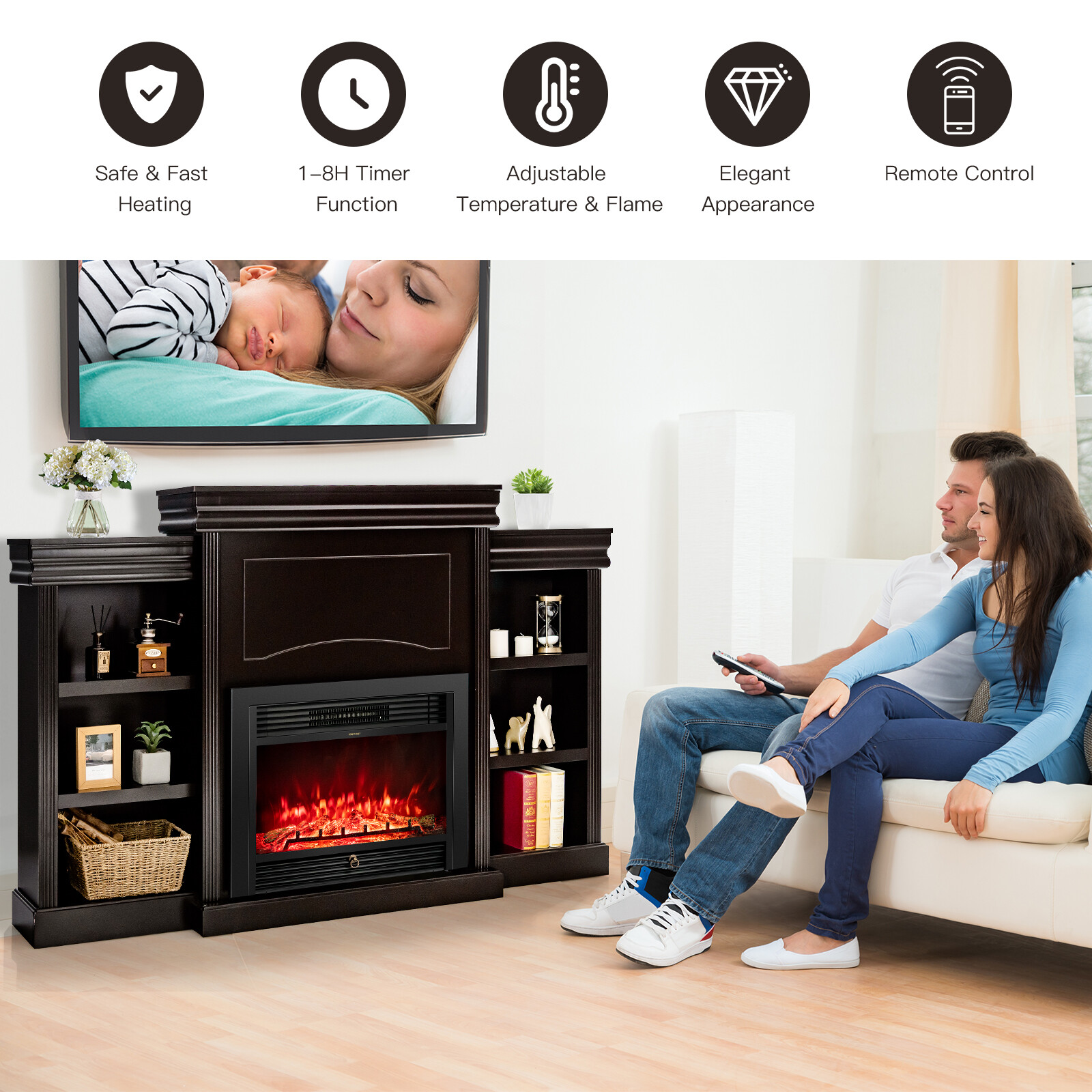 70"Fireplace TV Stand Media W/ 28.5" 750W/1500W Electric Fireplace Brown