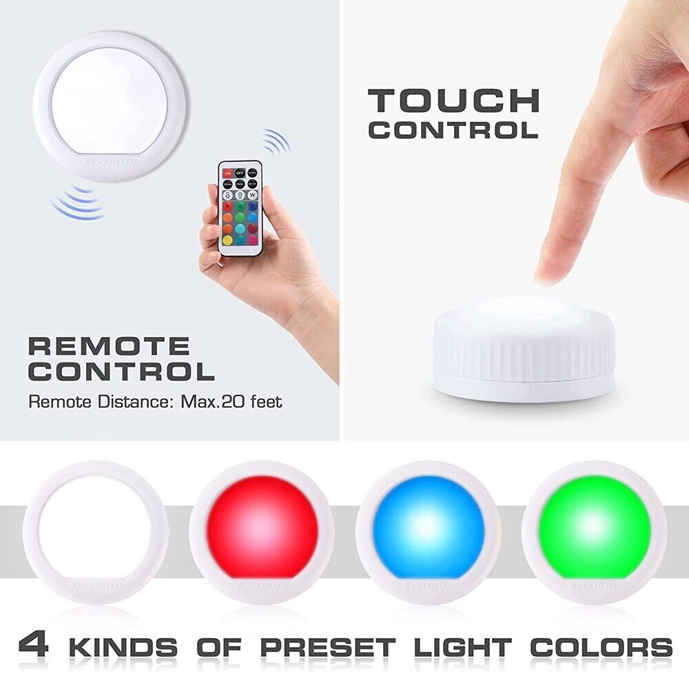 6Pack LED Puck Light Tap Light Push Light Wireless Touch 12 RGB Colors 80 Lumens
