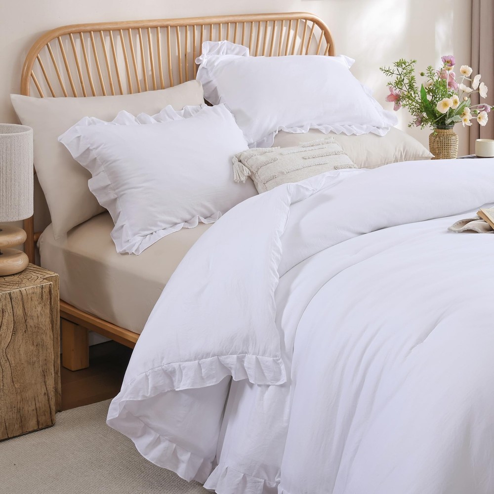 JANZAA Twin Comforter Set White Ruffled Twin,