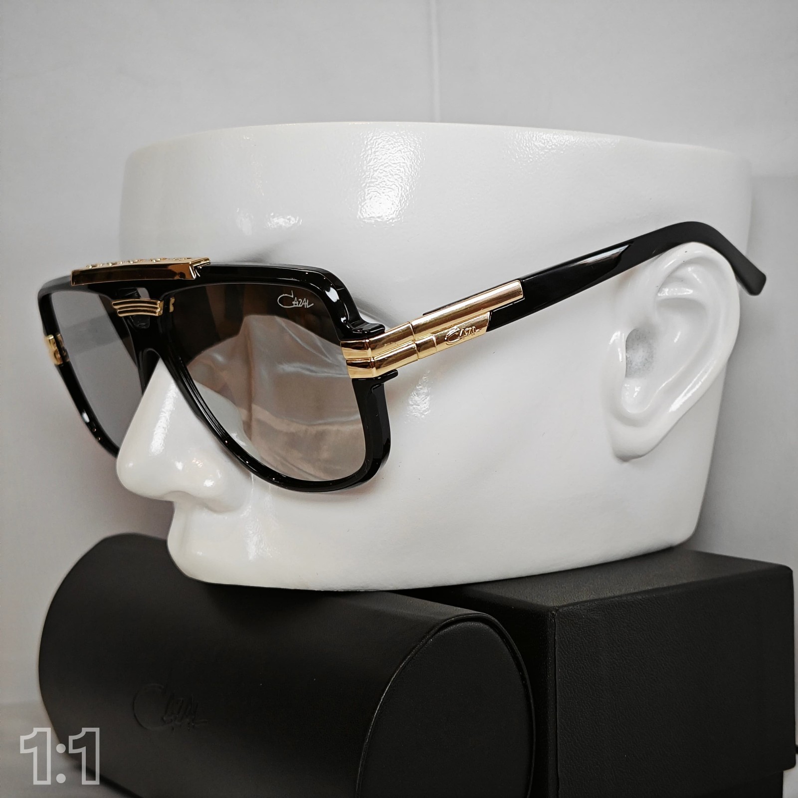 Cazal Sunglasses Horizontal Logo Black Golden Frame Glasses Reflective Lens