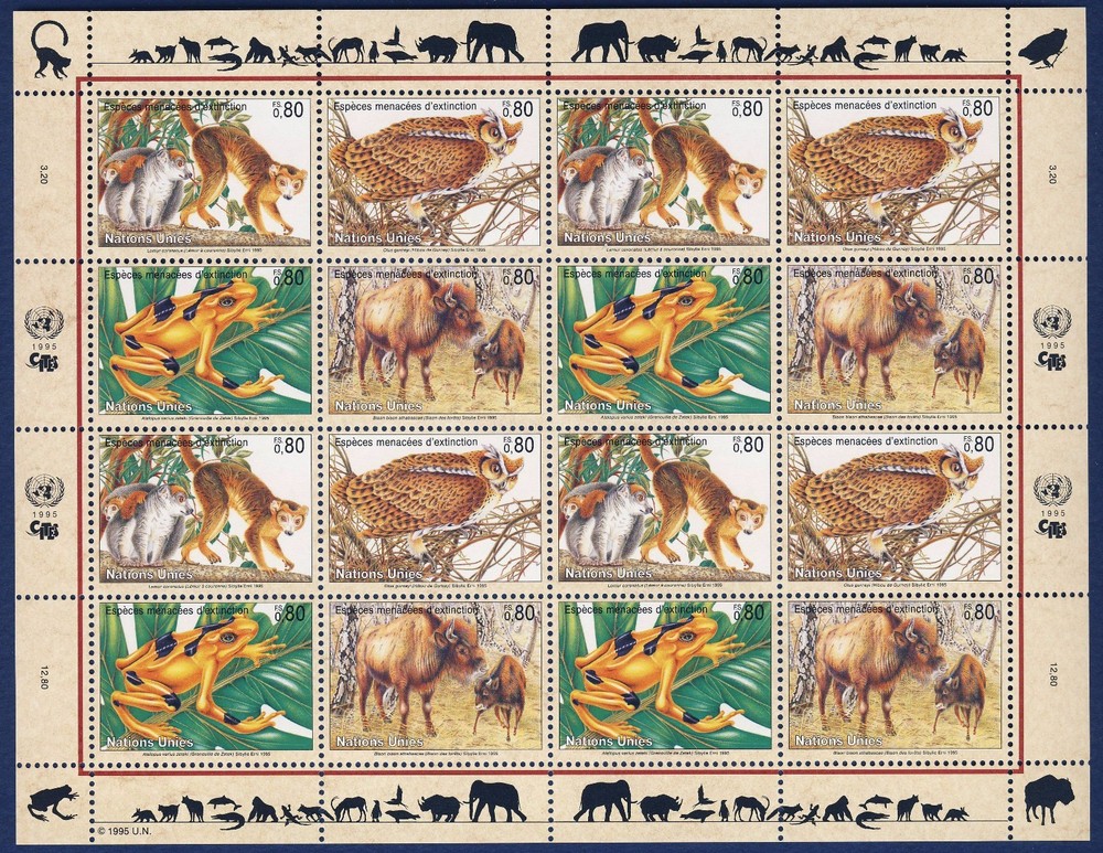 UN - GENEVA . 1995 Endangered Species . Complete Sheet .  Mint Never Hinged
