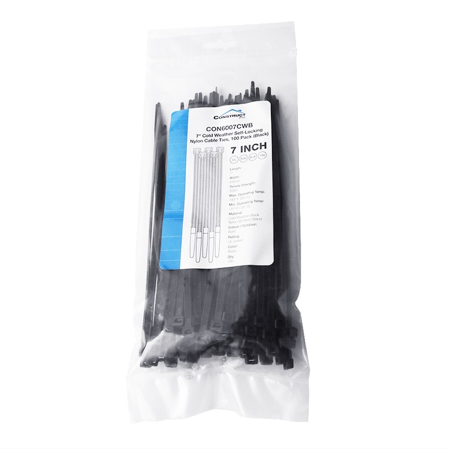 1000 Pack Construct Pro 7” Cold Weather Self-Locking Nylon Cable Ties Black Zip
