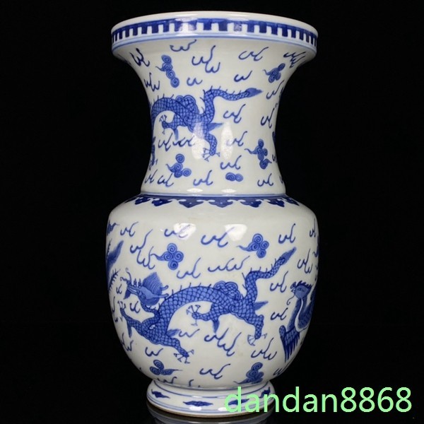 9.6"China Qing Dynasty Kangxi Blue White Porcelain Dragon Phoenix Vase pot zun