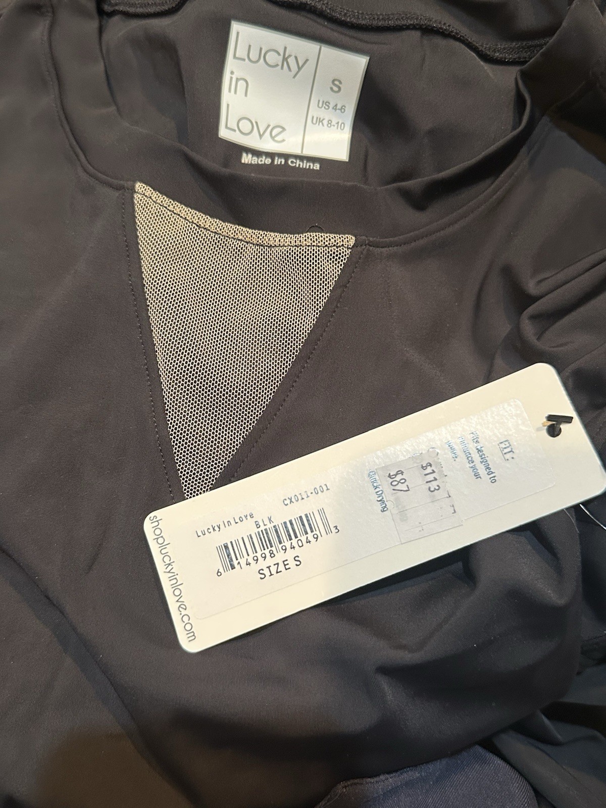 NEW Lucky In Love SMALL Long Sleeve Black Tennis Top Mesh Inserts Drawcord Back