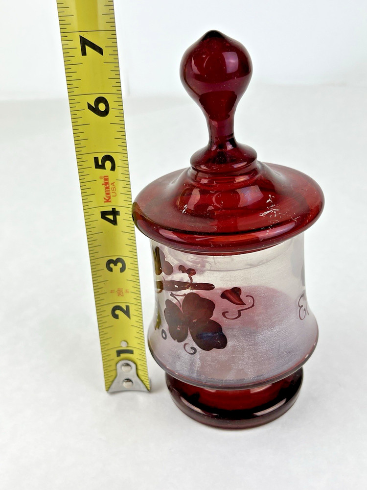 Antique Bohemian Ruby Red Covered Candy Dish W/ Leaf Pattern 7"