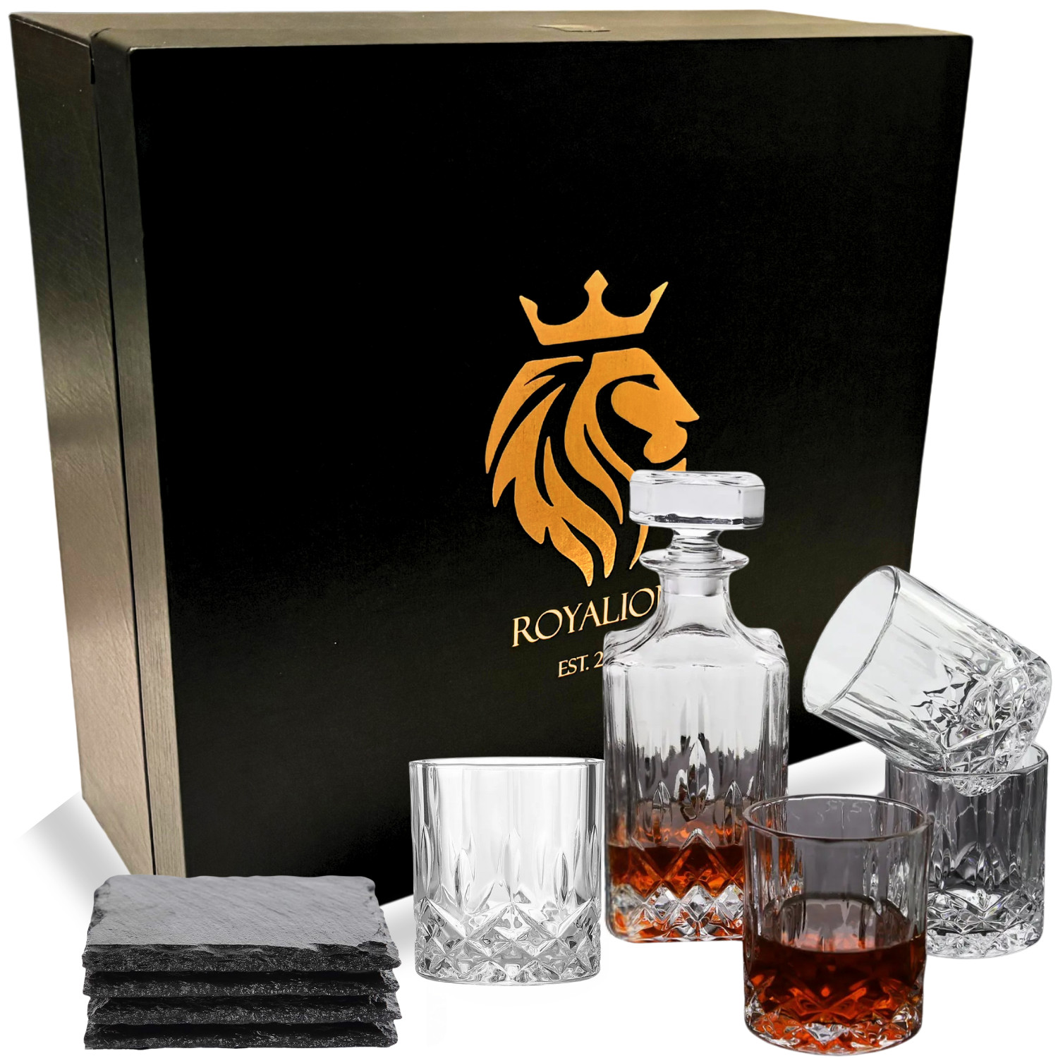 Whiskey Decanter 5 Piece w/4Glasses- Luxury Gift Box to Your Man By ROYALION