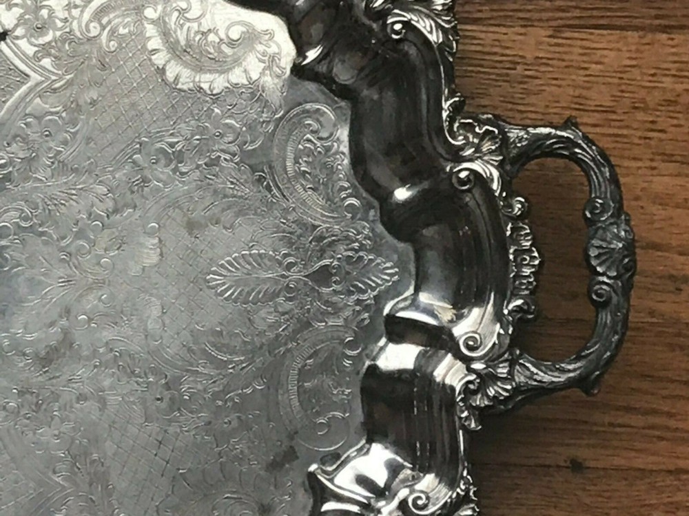 vintage large oval silverplate footed platter with handles 16X19