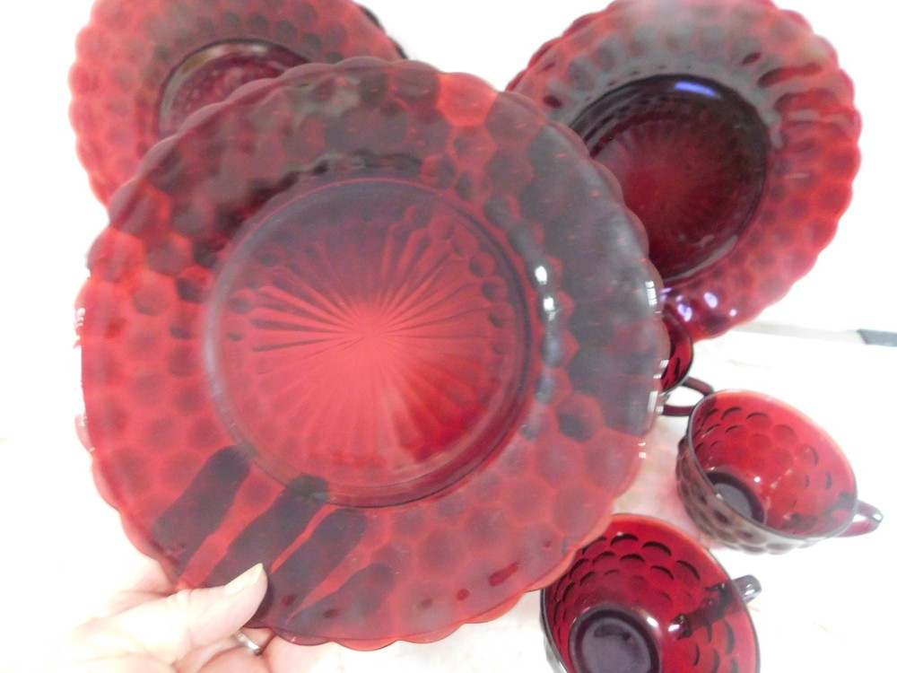 Vintage Royal Ruby Red Bubble Glass Dinner Plates & Cups Set