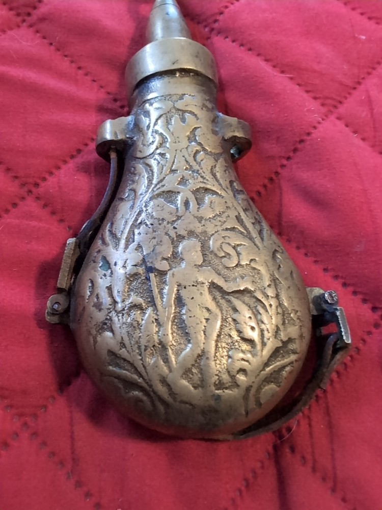 Antique Brass Black Powder Flask Embossed