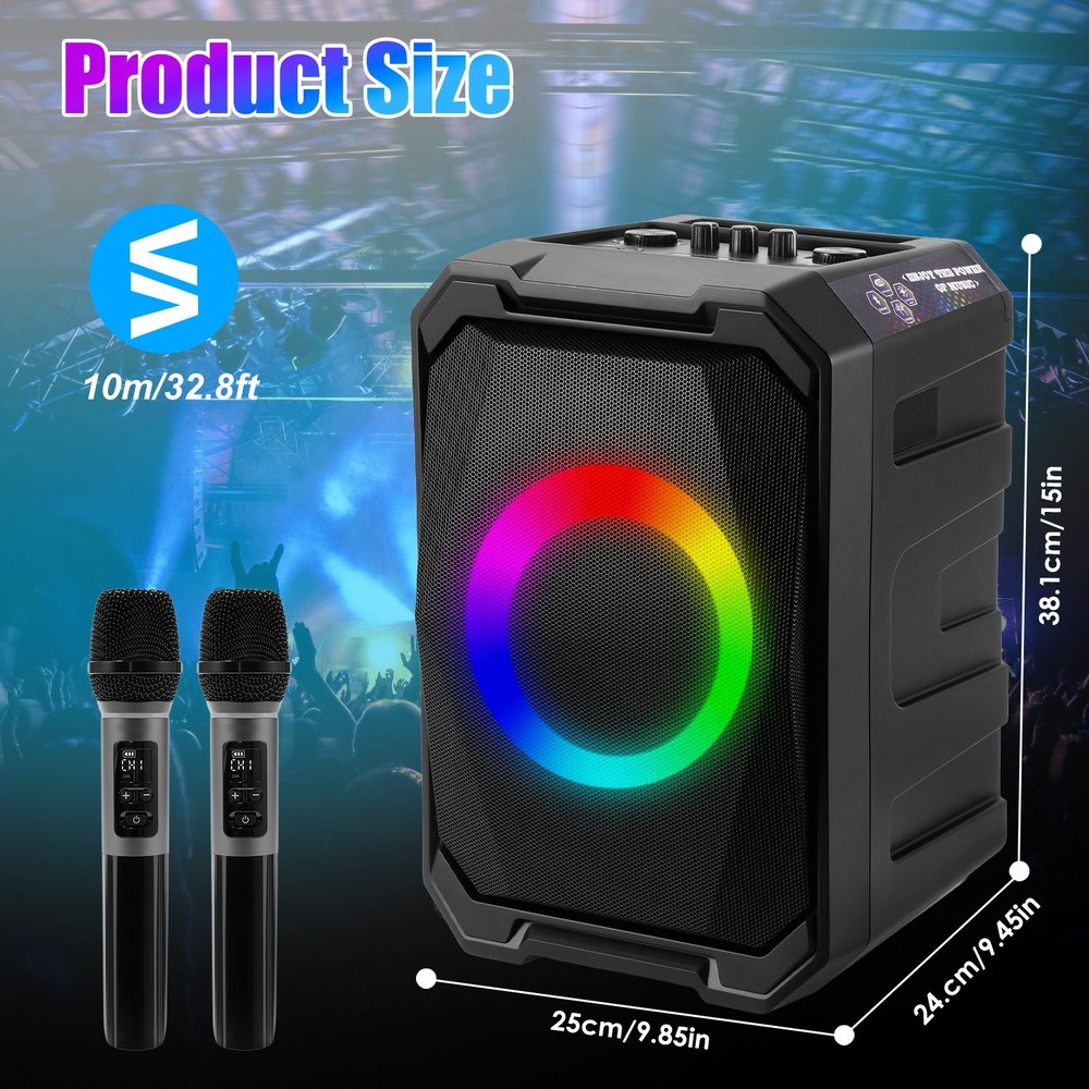 Portable Wireless Party Speaker W/ LED Light &2 Wireless Mics Remote Control