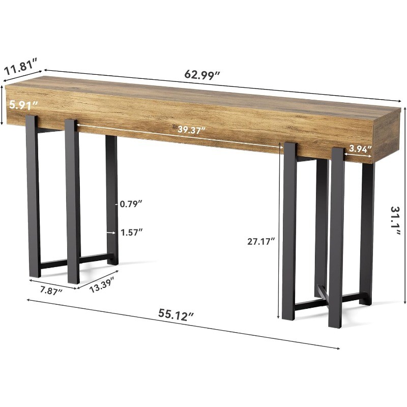 63-Inch Console Table Entryway, Industrial Behind Couch Table, Minimalist Sofa