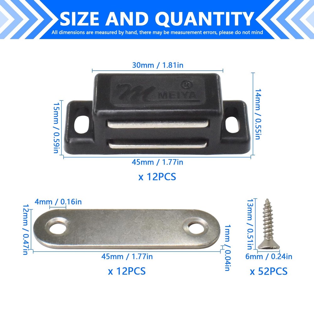 12Pack Plastic Cabinet Magnetic Door Catch with Screws for Small, Black