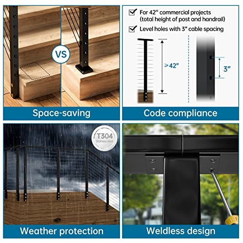 Black Side Mount Cable Railing Post 42 Inchx2"x2" Level Drilled Level post 42"