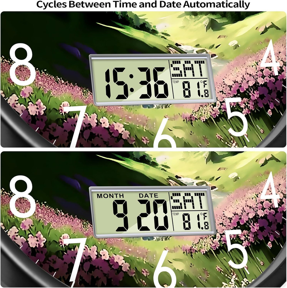 Digital Large Display Silent Wall Clock with Temperature Date Mountain Flowers M