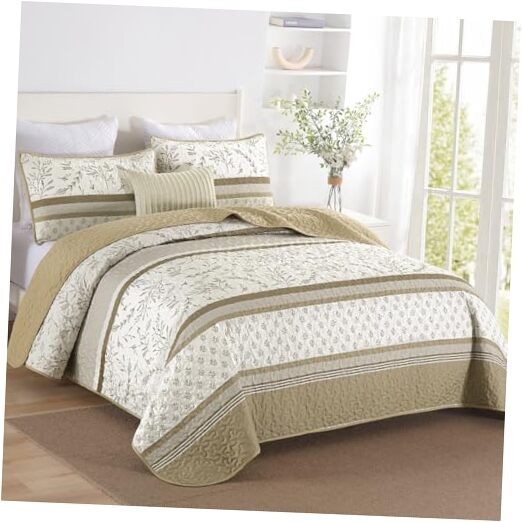 Striped Quilt Set Size Boho Striped Patchwork Leaves Printed Queen Brown