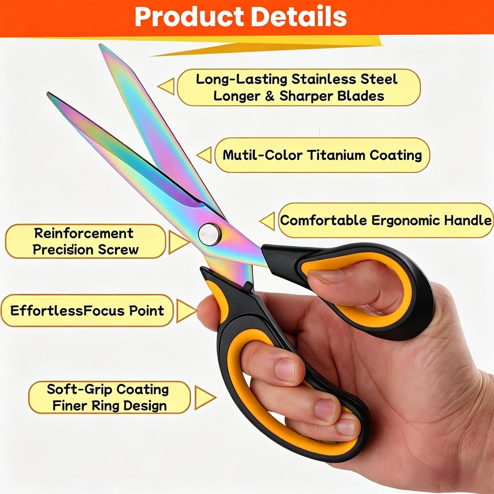 Scissors Multi-Purpose, 9.5" Sharp Sewing Scissors, Professional Heavy Yellow