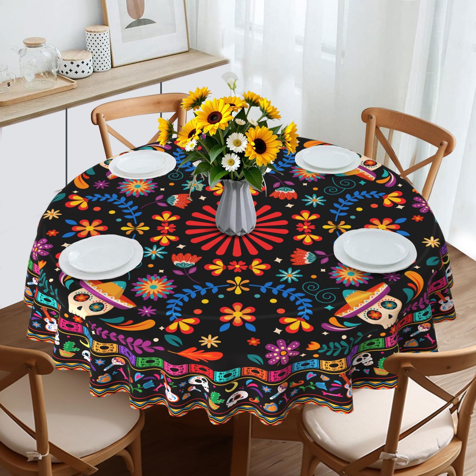 Mexican Tablecloth Round 70 Inch, Cinco De Mayo Flower Skull Table Cloth Fies...