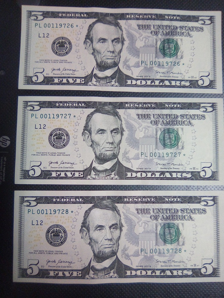 Rare 3 Consecutive Uncirculated $5 Star Notes