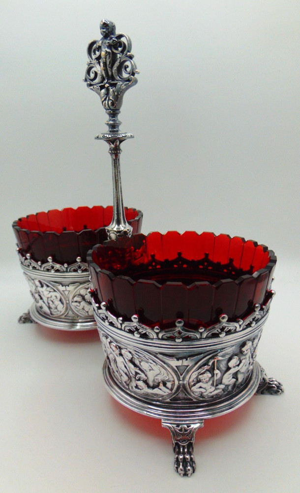 1870 Antique English Elkington Silver Plated & Ruby Red Glass Bowl Jam Holder